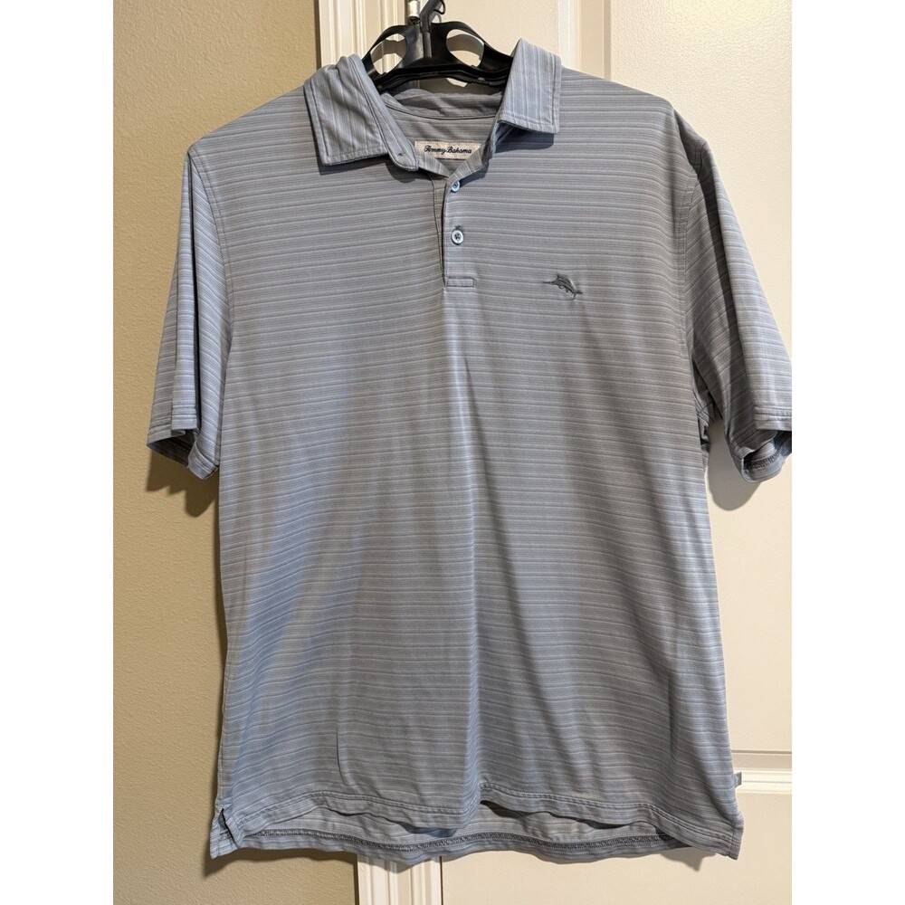 Tommy Bahama Men’s Large Blue Gray Striped Polo Shirt Embroidered Marlin Logo L